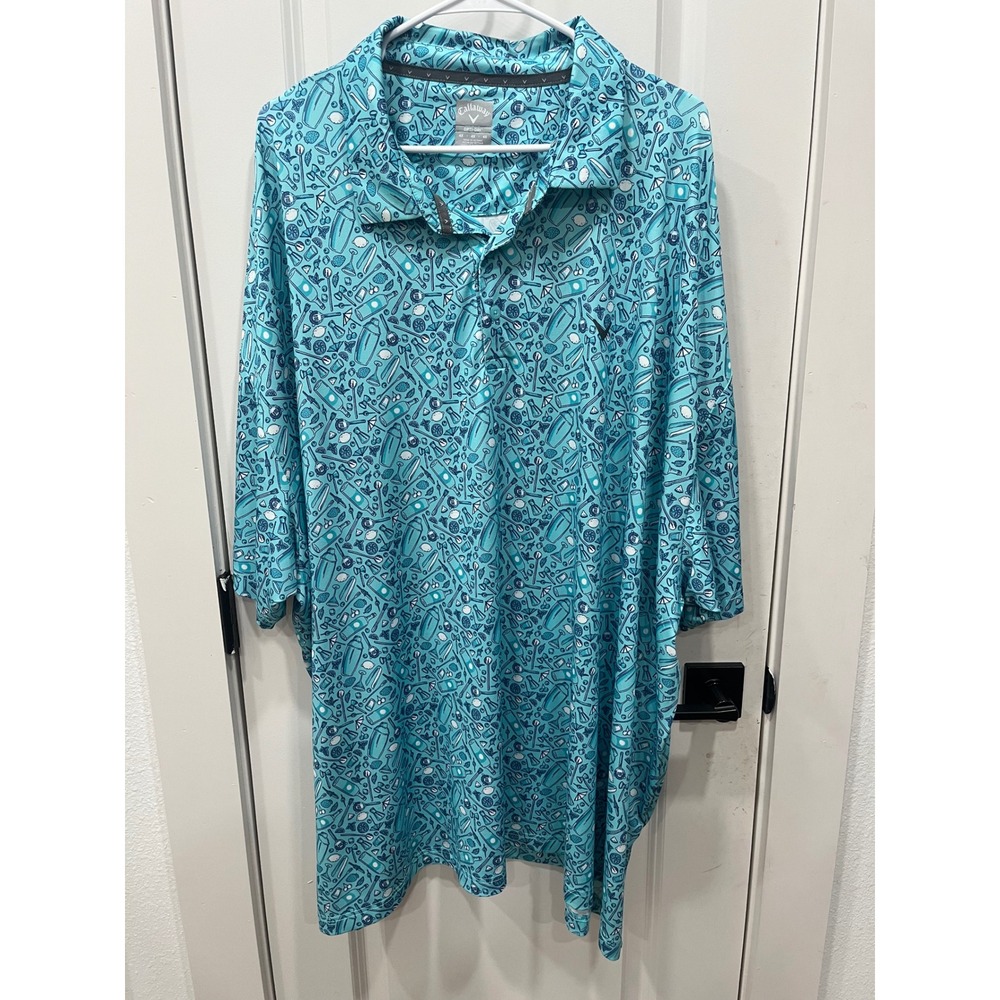 Callaway‎ Opti-Dri Mens Long Sleeve Golf Polo Shirt Aqua Cocktail Print 4XL